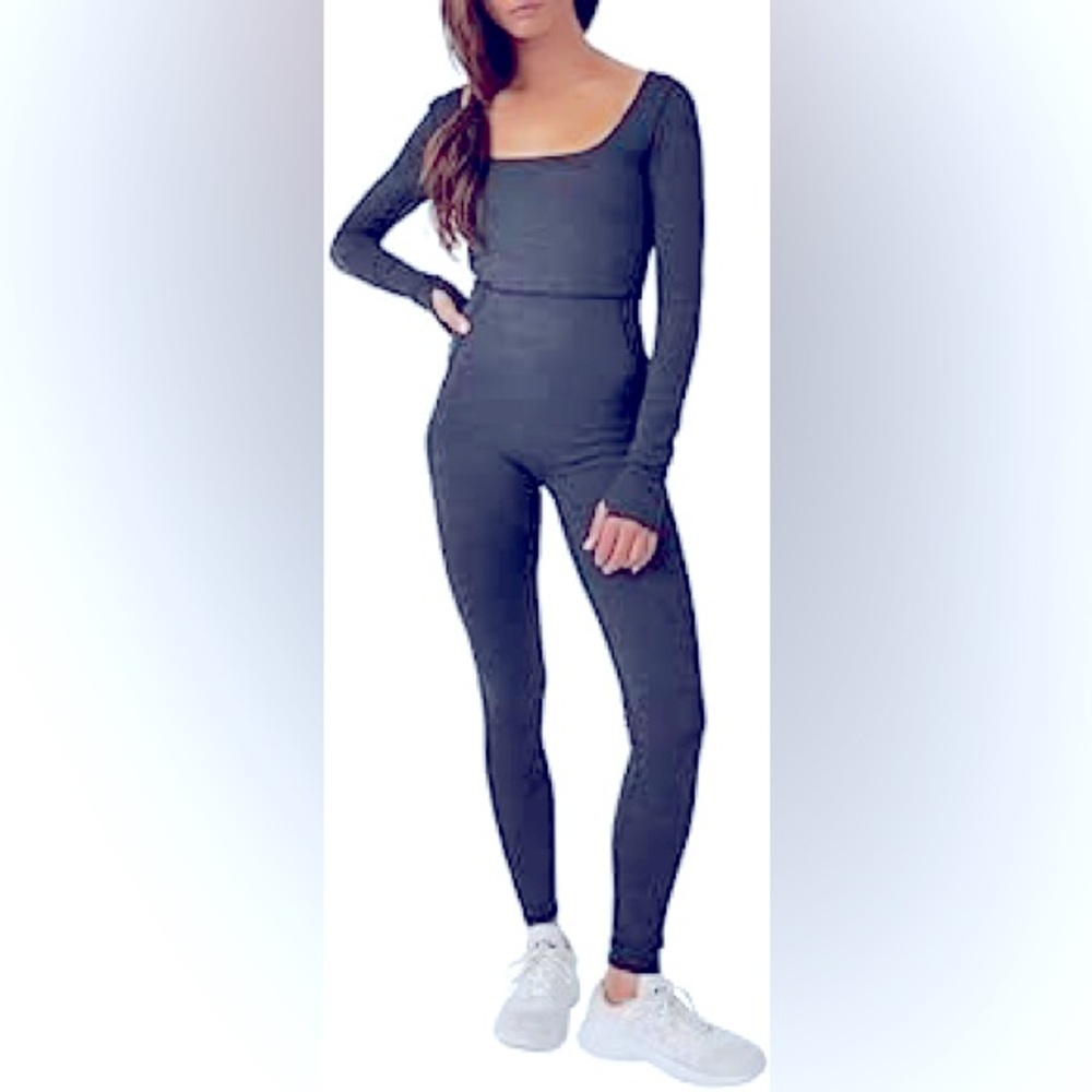 Free People Releve One Piece Crossback Jumpsuit in Heathered Charcoal NWT - XS